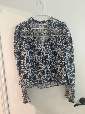 Navy and Cream Floral V-Neck Pintuck Blouse